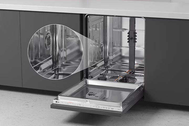 Stainless steel dishwasher in a modern kitchen showing a 48 dBA noise level rating on a decibel scale.